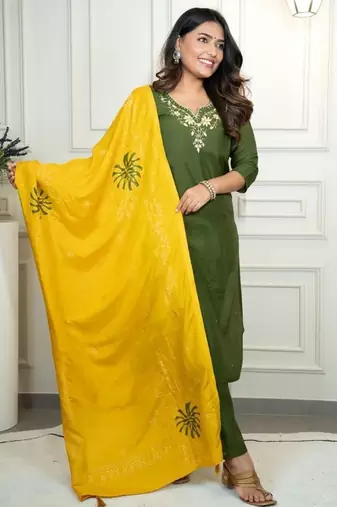 Mehandi Colour Premium Roman Silk Hand Work A Line Kurta Set