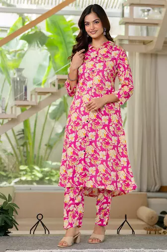 Pink floral printed rayon co-ord set