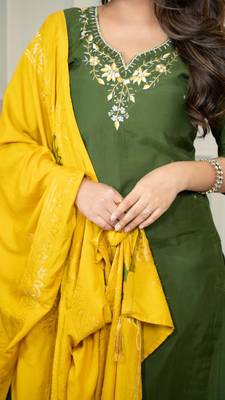 Mehandi Colour Premium Roman Silk Hand Work A Line Kurta Set 3