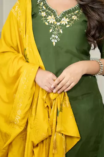 Mehandi Colour Premium Roman Silk Hand Work A Line Kurta Set