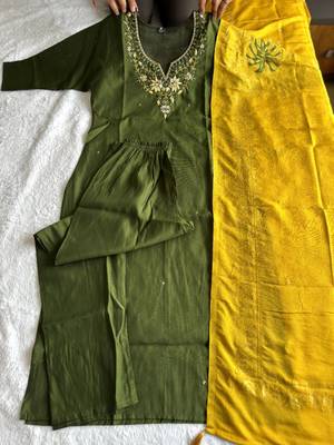 Mehandi Colour Premium Roman Silk Hand Work A Line Kurta Set 4