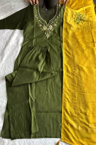 Mehandi Colour Premium Roman Silk Hand Work A Line Kurta Set