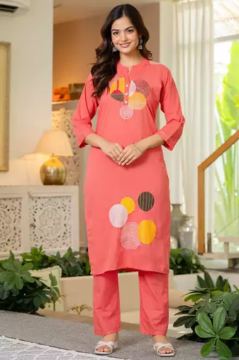 Peach embroidered cotton kurta and pant set