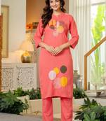 Peach embroidered cotton kurta and pant set