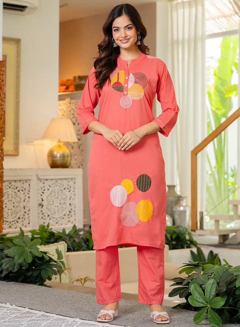 Peach embroidered cotton kurta and pant set