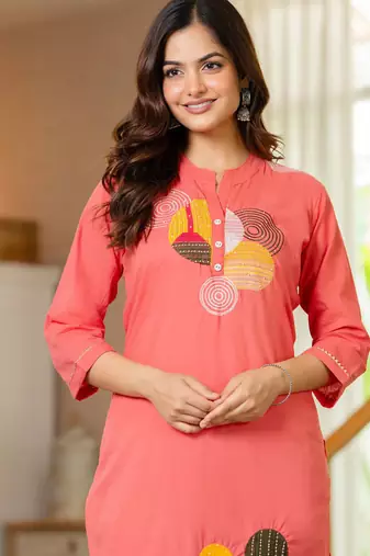 Peach embroidered cotton kurta and pant set