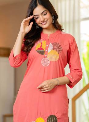 Peach embroidered cotton kurta and pant set 4