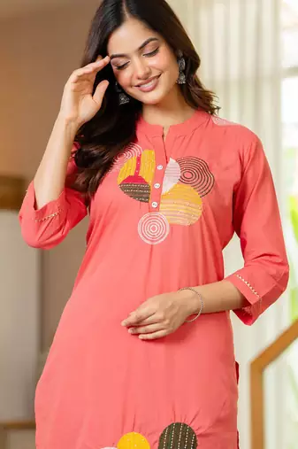 Peach embroidered cotton kurta and pant set