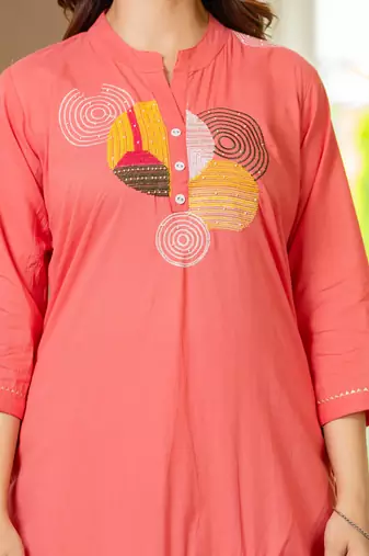 Peach embroidered cotton kurta and pant set