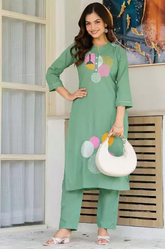 Shadow green embroidered cotton kurta and pant set