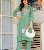 Shadow green embroidered cotton kurta and pant set