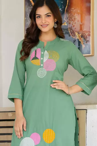 Shadow green embroidered cotton kurta and pant set
