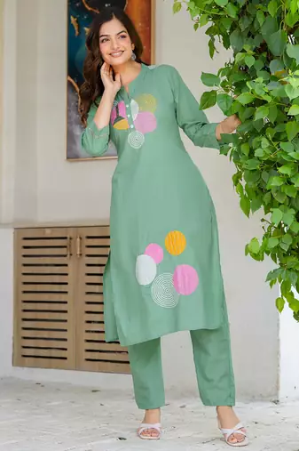 Shadow green embroidered cotton kurta and pant set