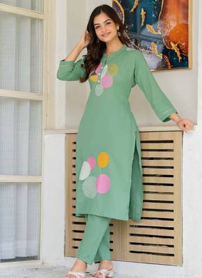 Shadow green embroidered cotton kurta and pant set 5