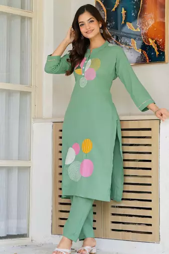 Shadow green embroidered cotton kurta and pant set