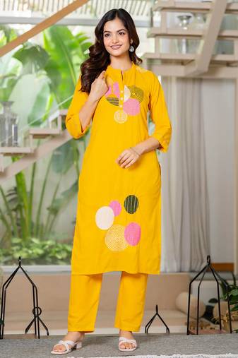 Yellow embroidered cotton kurta and pant set