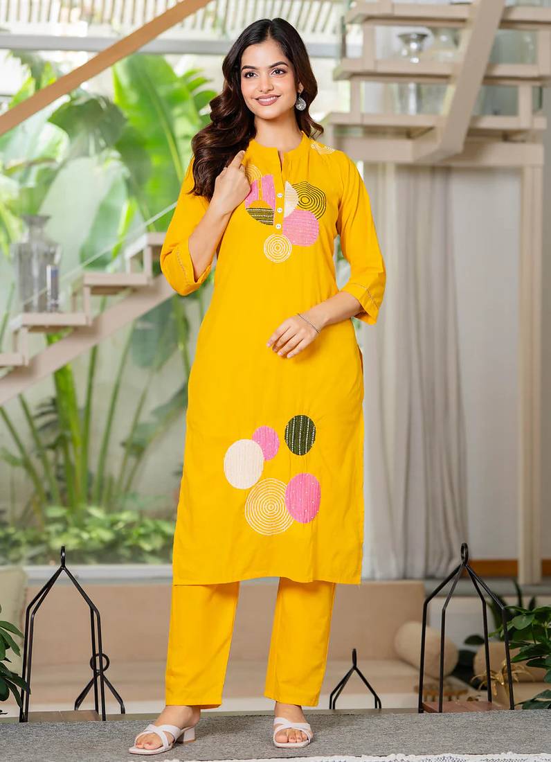 Yellow embroidered cotton kurta and pant set