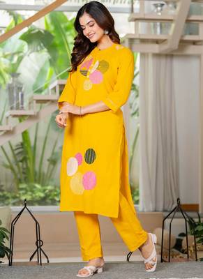 Yellow embroidered cotton kurta and pant set 2