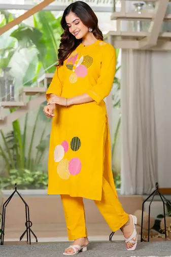 Yellow embroidered cotton kurta and pant set