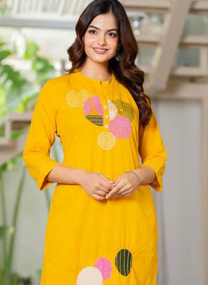 Yellow embroidered cotton kurta and pant set 3