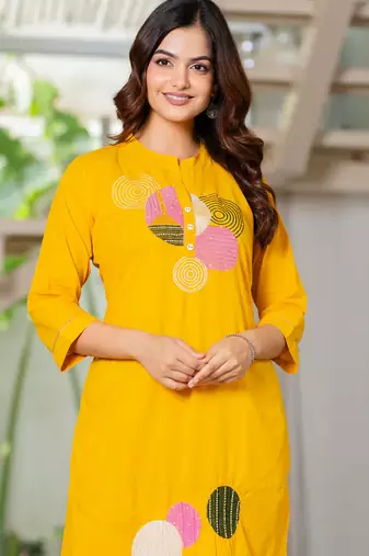Yellow embroidered cotton kurta and pant set