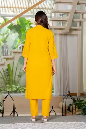 Yellow embroidered cotton kurta and pant set