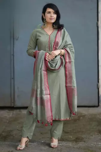 Green embroidered cotton kurta and pant set with dupatta