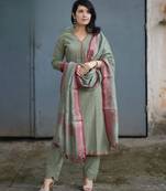 Green embroidered cotton kurta and pant set with dupatta