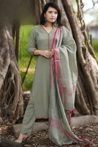 Green embroidered cotton kurta and pant set with dupatta