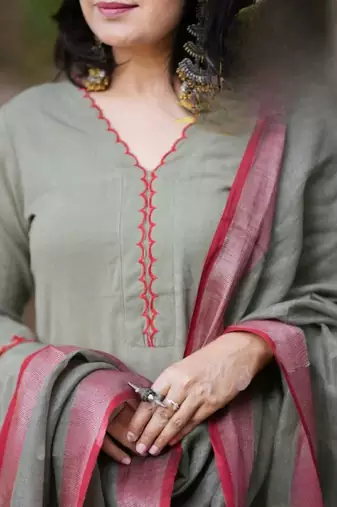Green embroidered cotton kurta and pant set with dupatta
