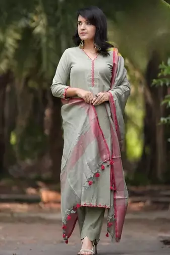 Green embroidered cotton kurta and pant set with dupatta