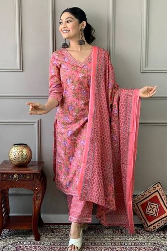 Rose pink printed cotton kurta and pant set