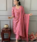 Rose pink printed cotton kurta and pant set