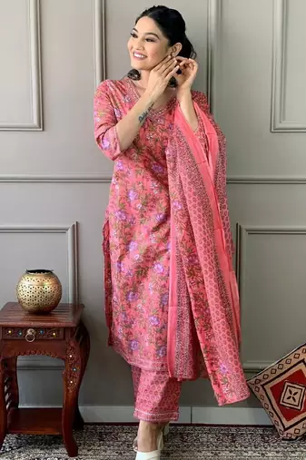 Rose pink printed cotton kurta and pant set