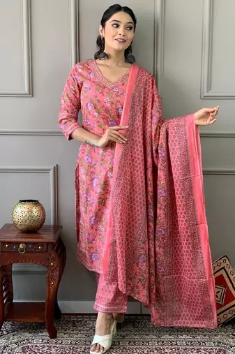 Rose pink printed cotton kurta and pant set