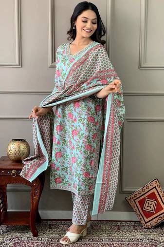 Coral blue printed cotton kurta and pant set with dupatta