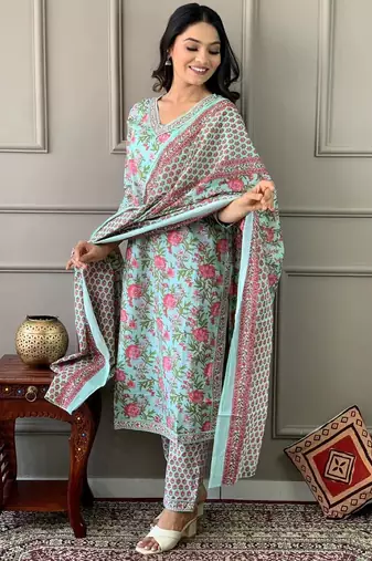 Coral blue printed cotton kurta and pant set with dupatta
