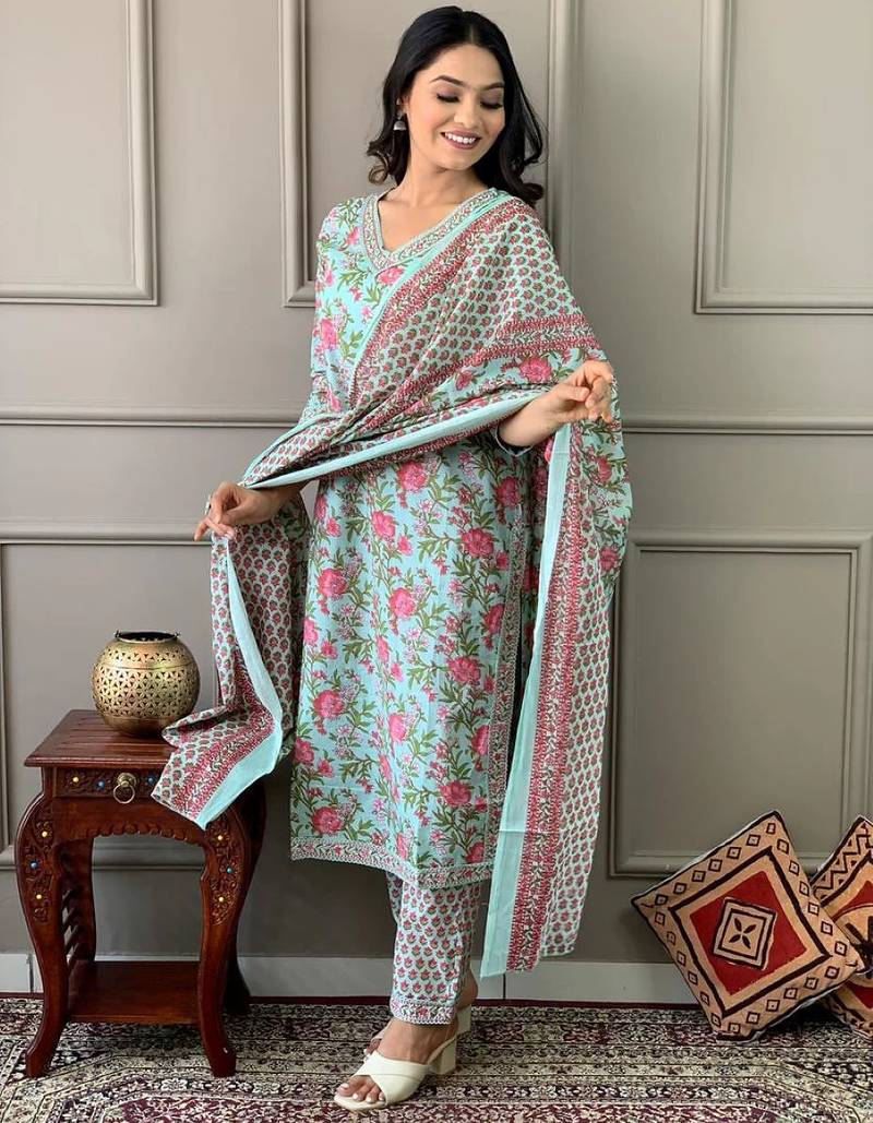 Coral blue printed cotton kurta and pant set with dupatta