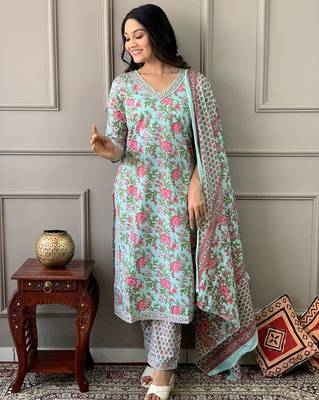 Coral blue printed cotton kurta and pant set with dupatta 2