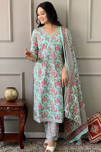 Coral blue printed cotton kurta and pant set with dupatta