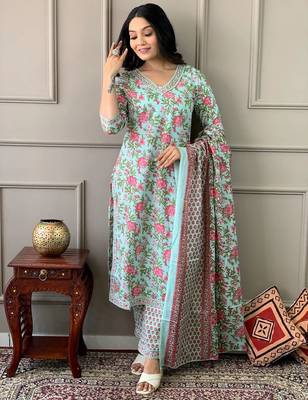 Coral blue printed cotton kurta and pant set with dupatta 3