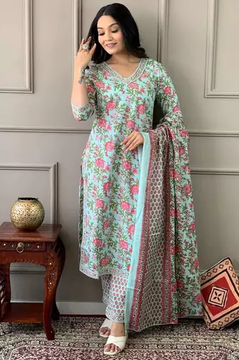 Coral blue printed cotton kurta and pant set with dupatta