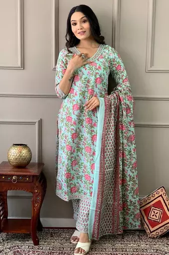 Coral blue printed cotton kurta and pant set with dupatta