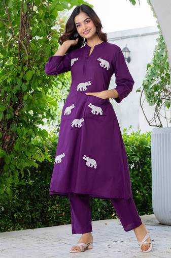 Grape purple embroidered cotton co-ord set