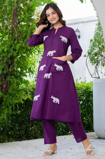 Grape purple embroidered cotton co-ord set