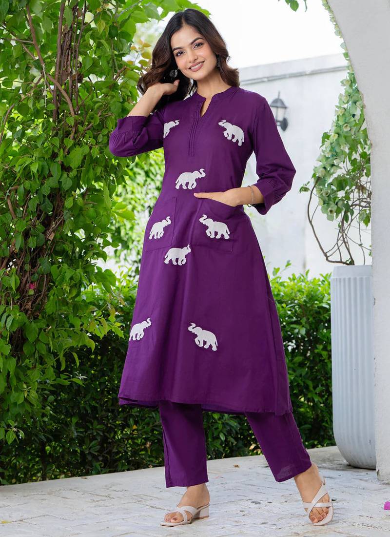 Grape purple embroidered cotton co-ord set