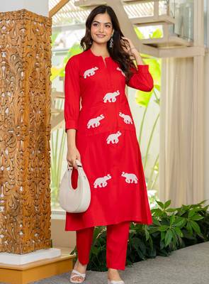 Red embroidered cotton co-ord set 1