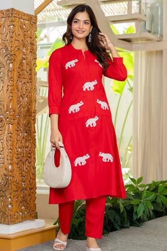 Red embroidered cotton co-ord set