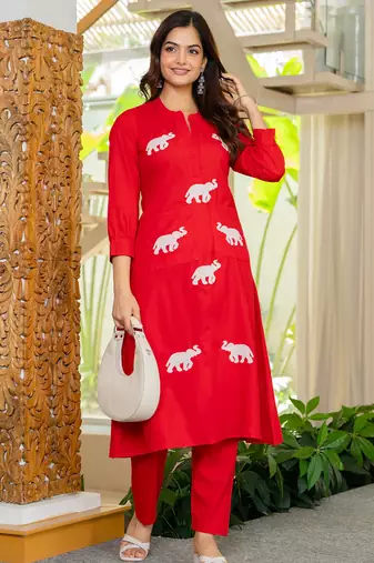 Red embroidered cotton co-ord set