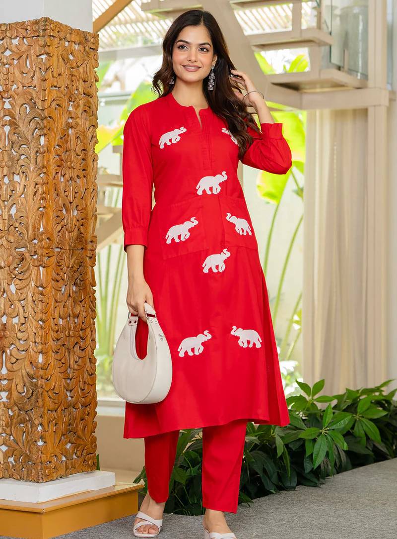 Red embroidered cotton co-ord set